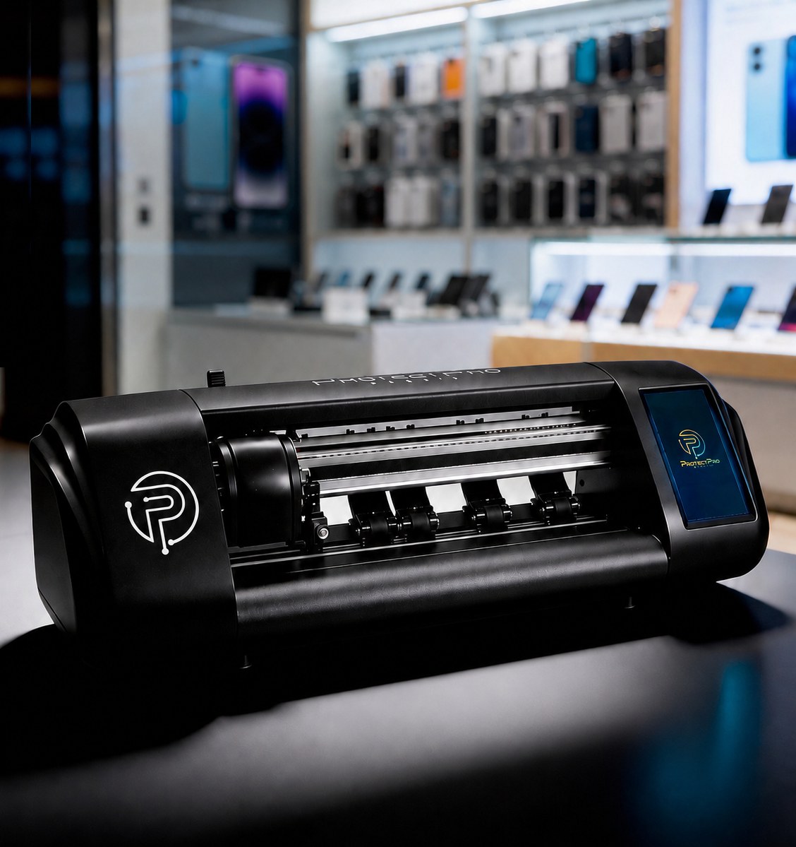 Máquina de corte ProtectPro Black em uma loja de celulares